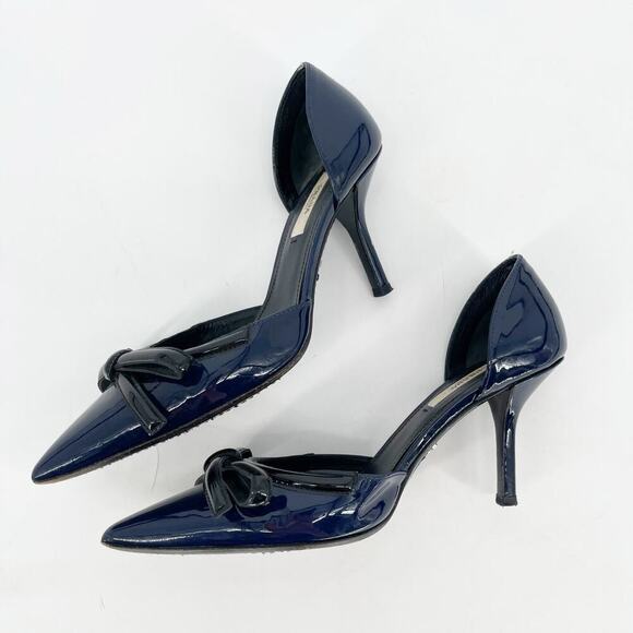 Prada Navy Blue Black Patent Leather Bow Pointed Toe D'Orsay Pump size IT 36.5 - Picture 4 of 11
